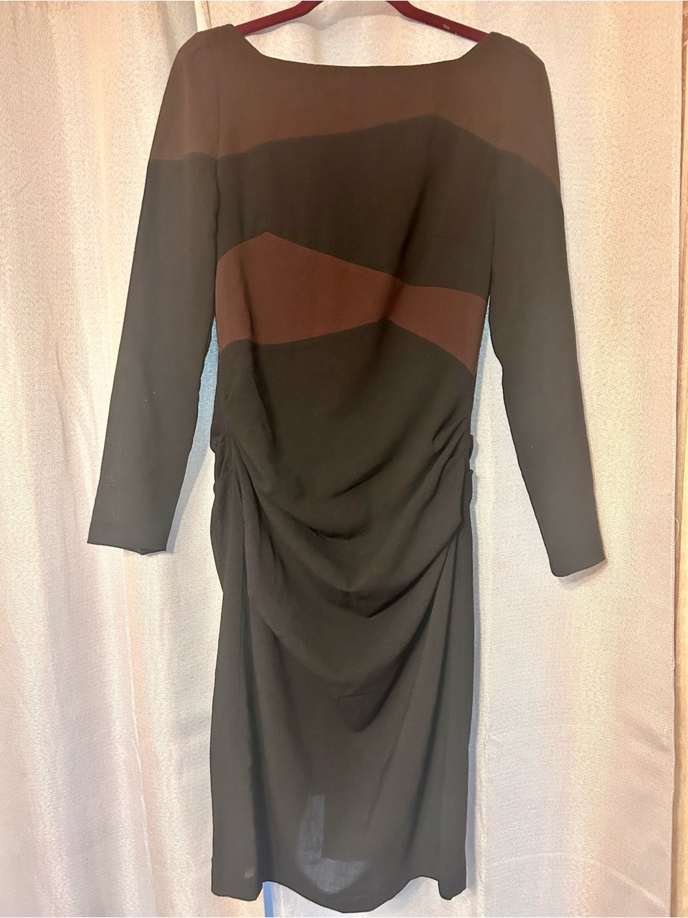Talbot Runhof Long-Sleeve Black Dress w/ Brown Banding - Elegant Ruched Sheath 8